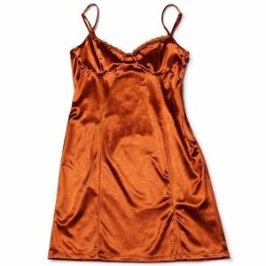 Forever 21 Copper Satin Slip inspired mini Dress Lace‎ Trim Spaghetti Strap Sz L